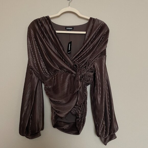 Express, Faux Wrap, Banded Bottom, Shimmery Chocolate Color V-Neck Blouse - Picture 1 of 8